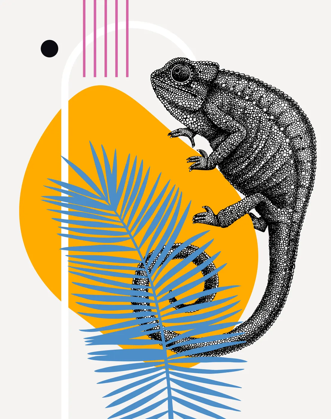 Collage style chameleon vector illustration. Hand-sketched reptile on palm leaf. Trendy design with botanical, geometric shapes, abstract elements. Perfect for print, poster, card. Chameleon wall art Illustration